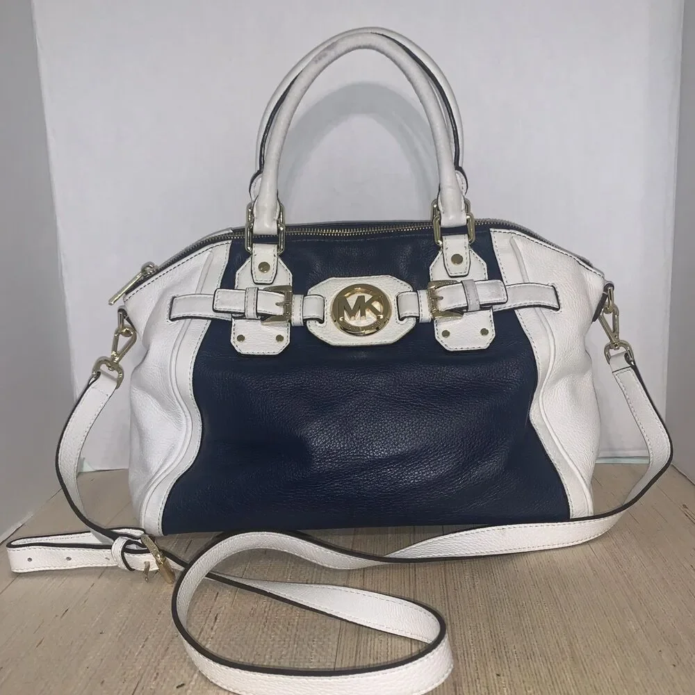 Michael Kors Color-Block Pebbled Leather Satchel/Crossbody Handbag Blue White